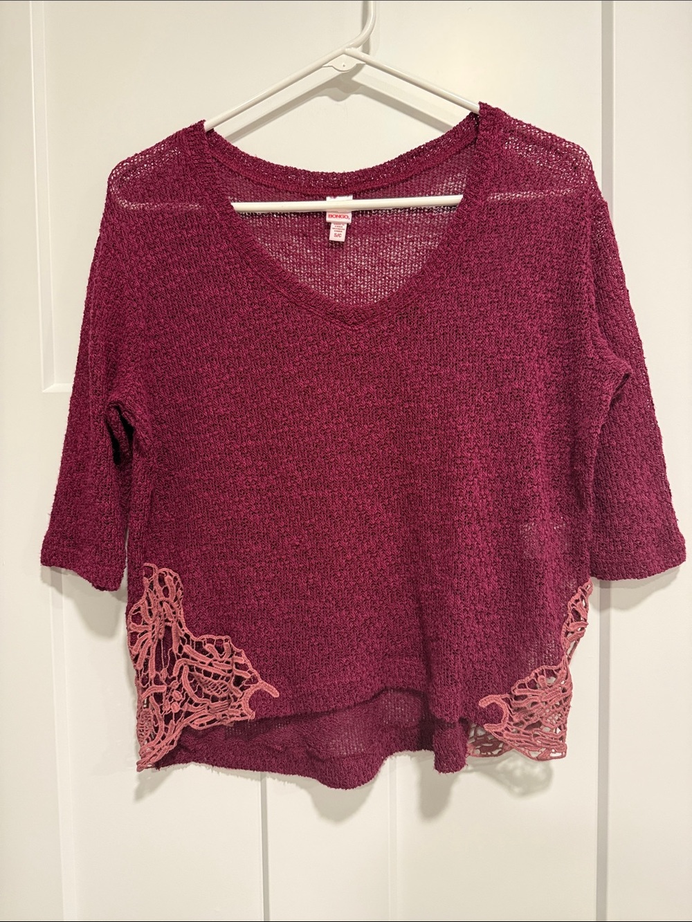 Bongo Small Burgundy Knit Top Crochet Lace Hem Short Sleeve